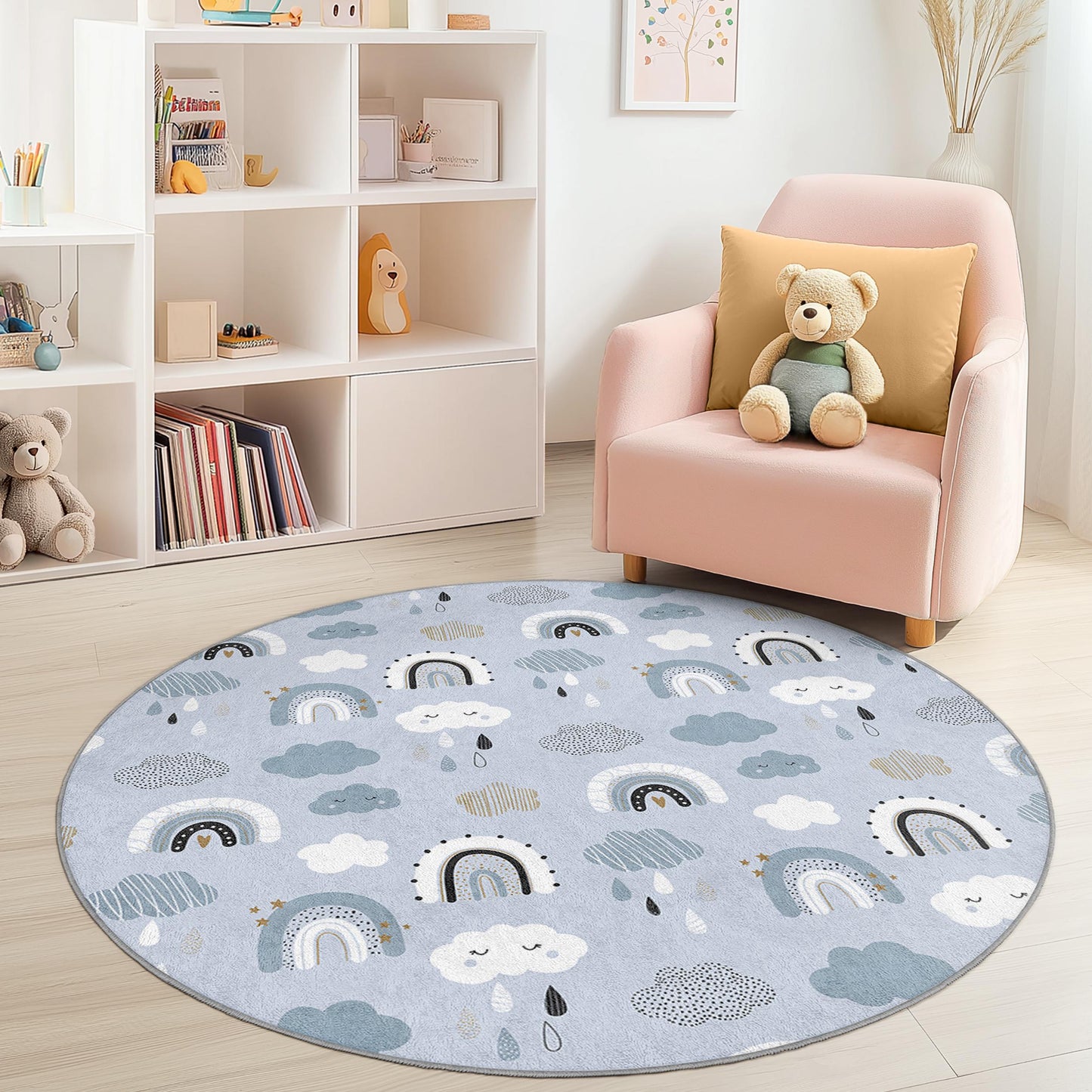 Rainbow Clouds Round Kids Play Rug, Soft Baby Room Carpet, Nursery Decor, Interactive Mat for Playroom, Cute Kids Rug