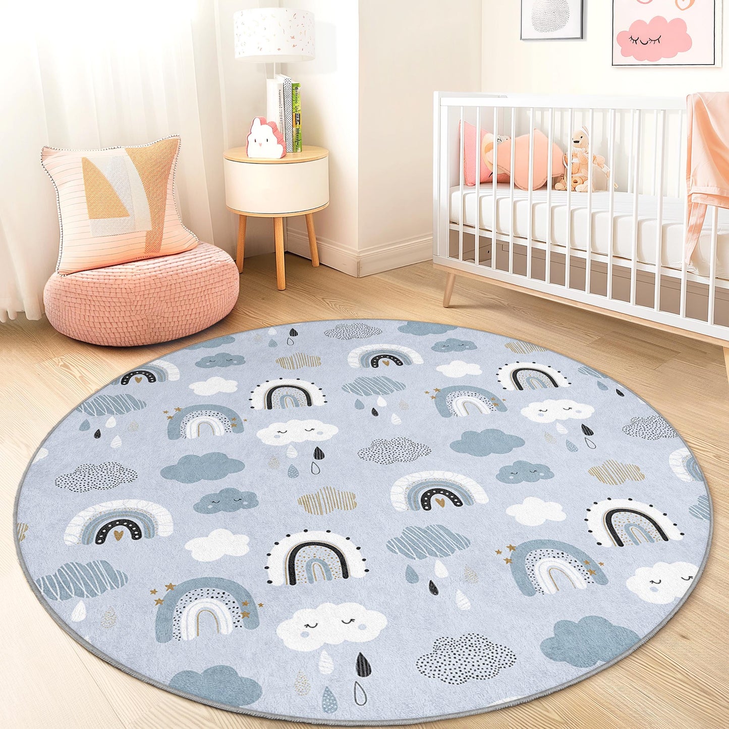 Rainbow Clouds Round Kids Play Rug, Soft Baby Room Carpet, Nursery Decor, Interactive Mat for Playroom, Cute Kids Rug