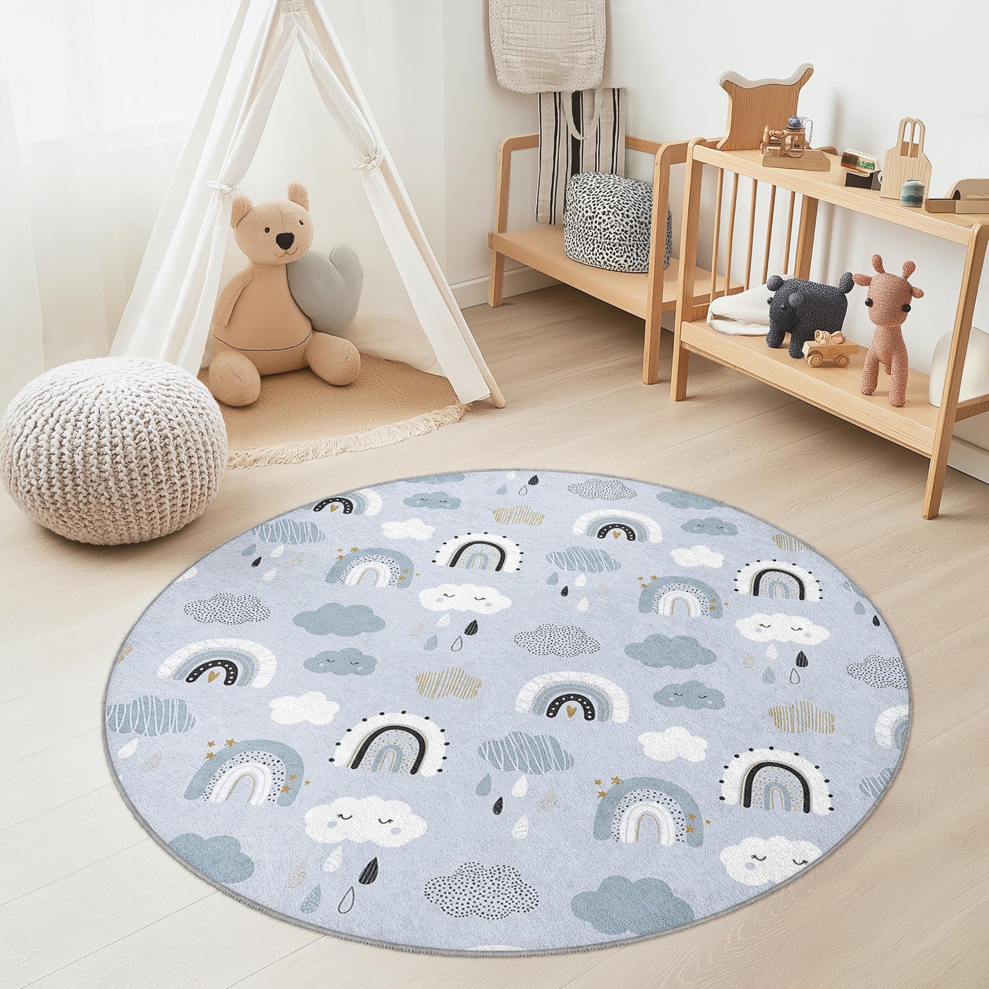 Rainbow Clouds Round Kids Play Rug, Soft Baby Room Carpet, Nursery Decor, Interactive Mat for Playroom, Cute Kids Rug