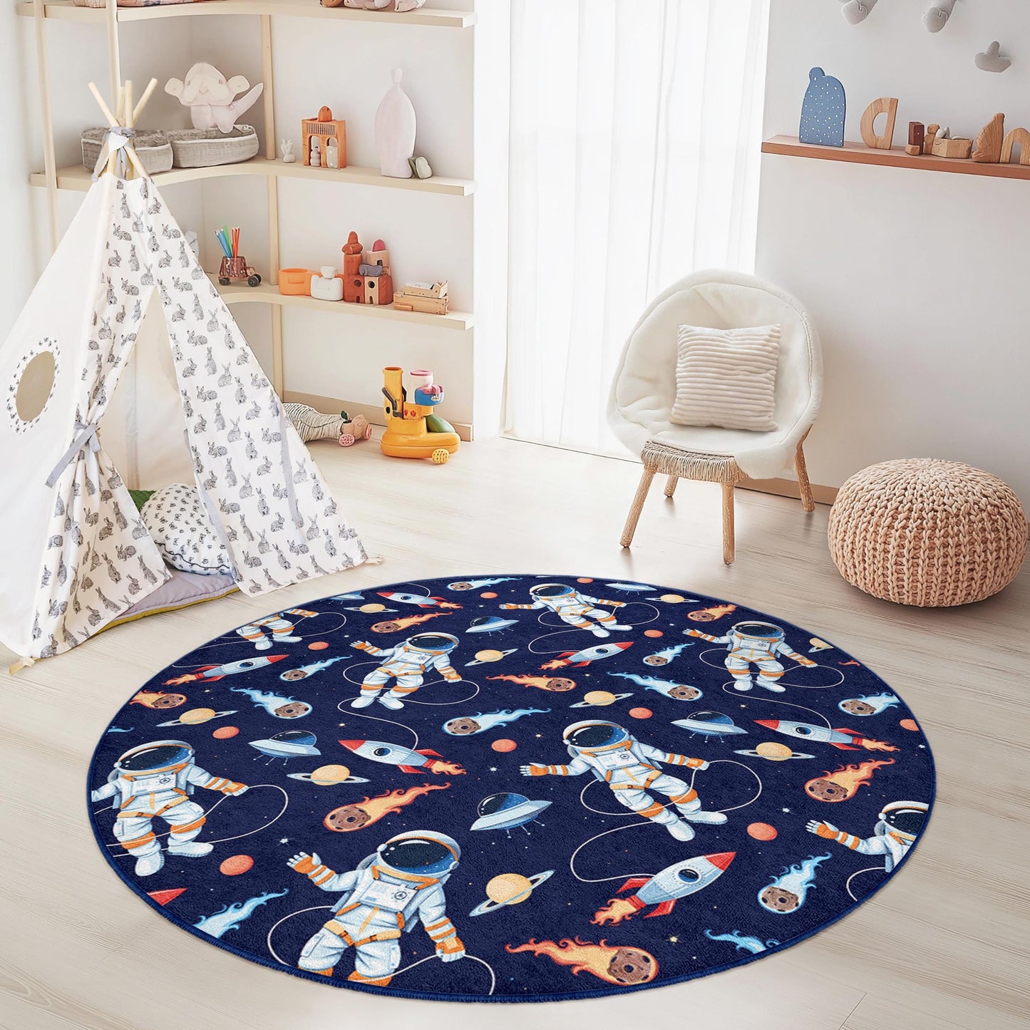 Astronauts in Space Round Kids Play Rug, Cosmic Adventure Rug, Outer Space Room Decor, Kids Bedroom Carpet, Playroom Mat
