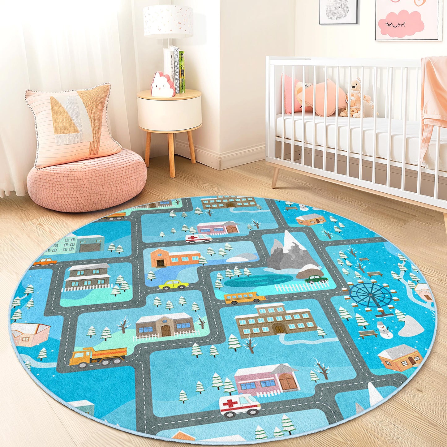 Winter Wonderland Play Rug for Kids, Round Road Map Rug, Interactive Kids Carpet, Soft Play Mat, Nursery Decor, Children Room Rug