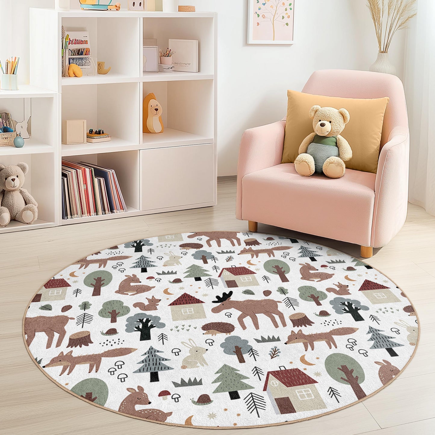 Forest Animals Round Kids Play Rug, Woodland Theme Nursery Carpet, Cute Animal Rug for Playroom, Kids Room Decor