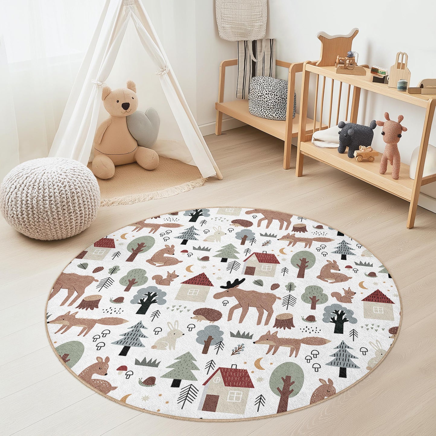 Forest Animals Round Kids Play Rug, Woodland Theme Nursery Carpet, Cute Animal Rug for Playroom, Kids Room Decor