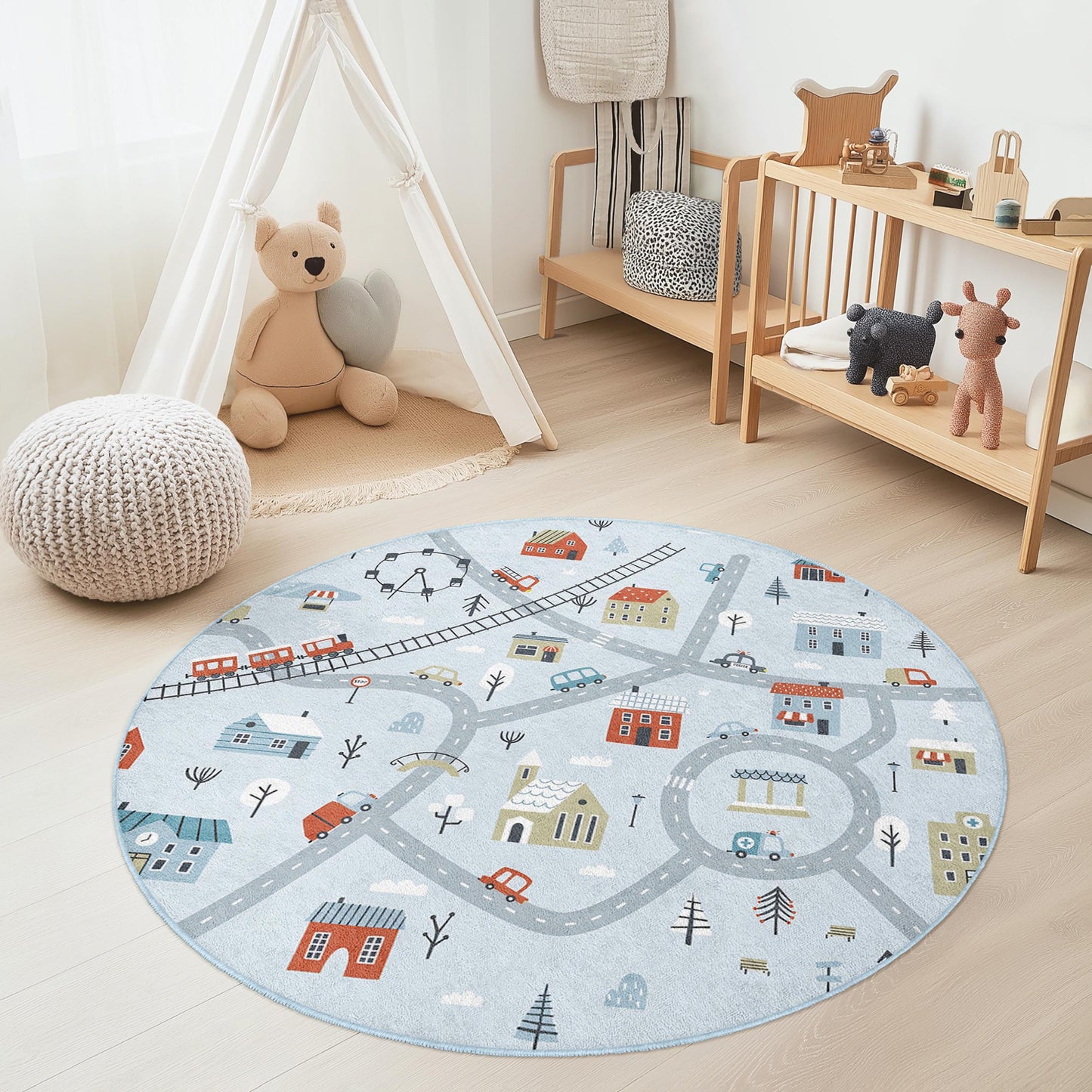 Winter Wonderland Round Play Rug, Kids Playmat with Roads and Houses, Soft Circle Carpet for Children's Room, Nursery Decor