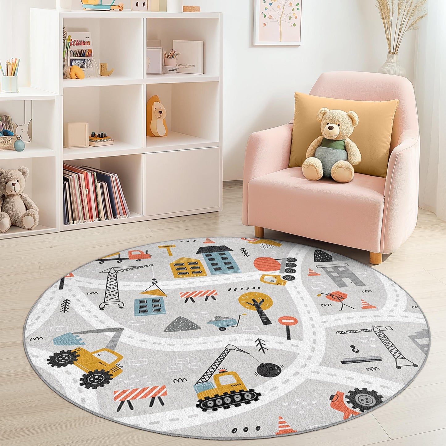 Construction Zone Round Kids Play Rug, Interactive Play Mat for Toddlers, Kids Room Carpet, Soft Nursery Decor, Fun Playroom Rug