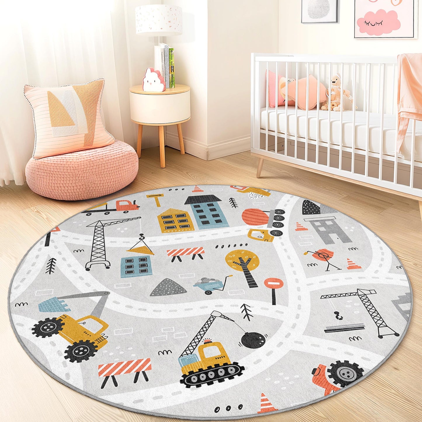 Construction Zone Round Kids Play Rug, Interactive Play Mat for Toddlers, Kids Room Carpet, Soft Nursery Decor, Fun Playroom Rug