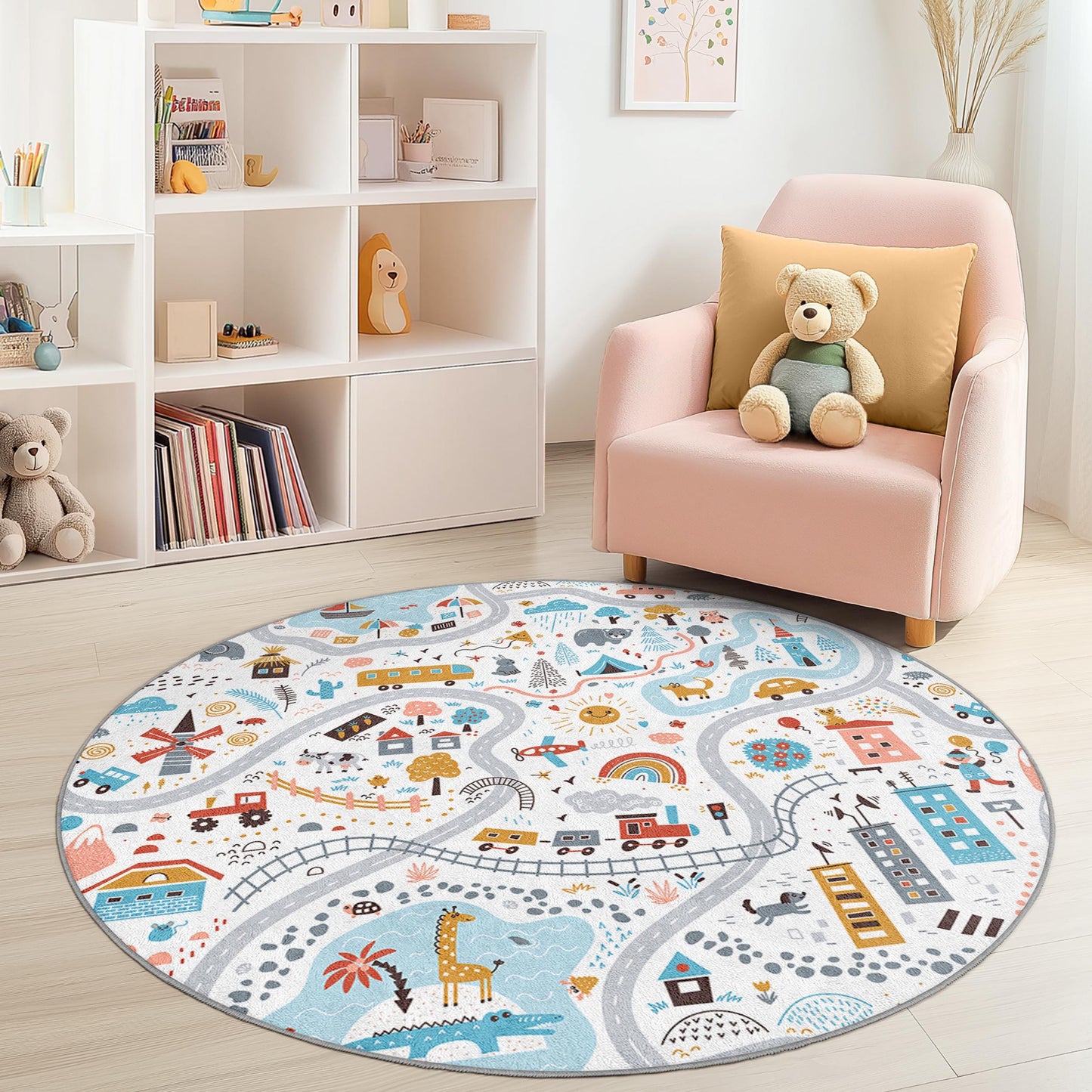 Colorful Adventure Play Rug, Round Kids Rug, Map Design Play Mat, Nursery Decor, Toddler Room Carpet, Creative Learning Space