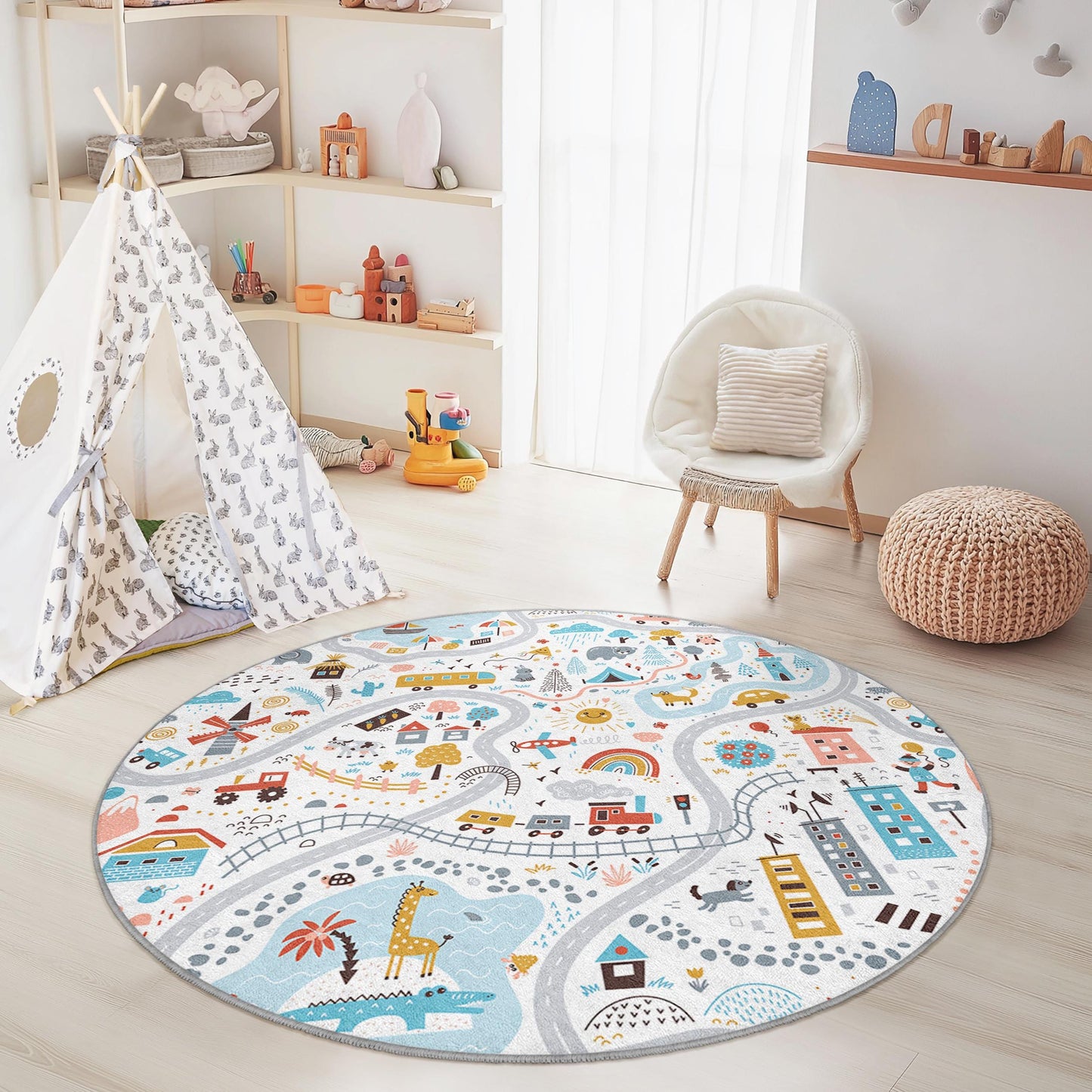 Colorful Adventure Play Rug, Round Kids Rug, Map Design Play Mat, Nursery Decor, Toddler Room Carpet, Creative Learning Space