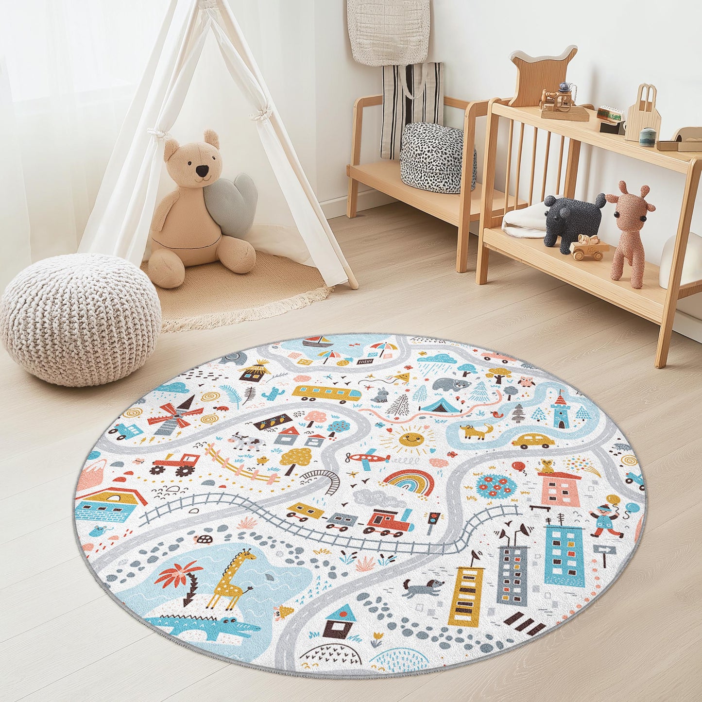 Colorful Adventure Play Rug, Round Kids Rug, Map Design Play Mat, Nursery Decor, Toddler Room Carpet, Creative Learning Space