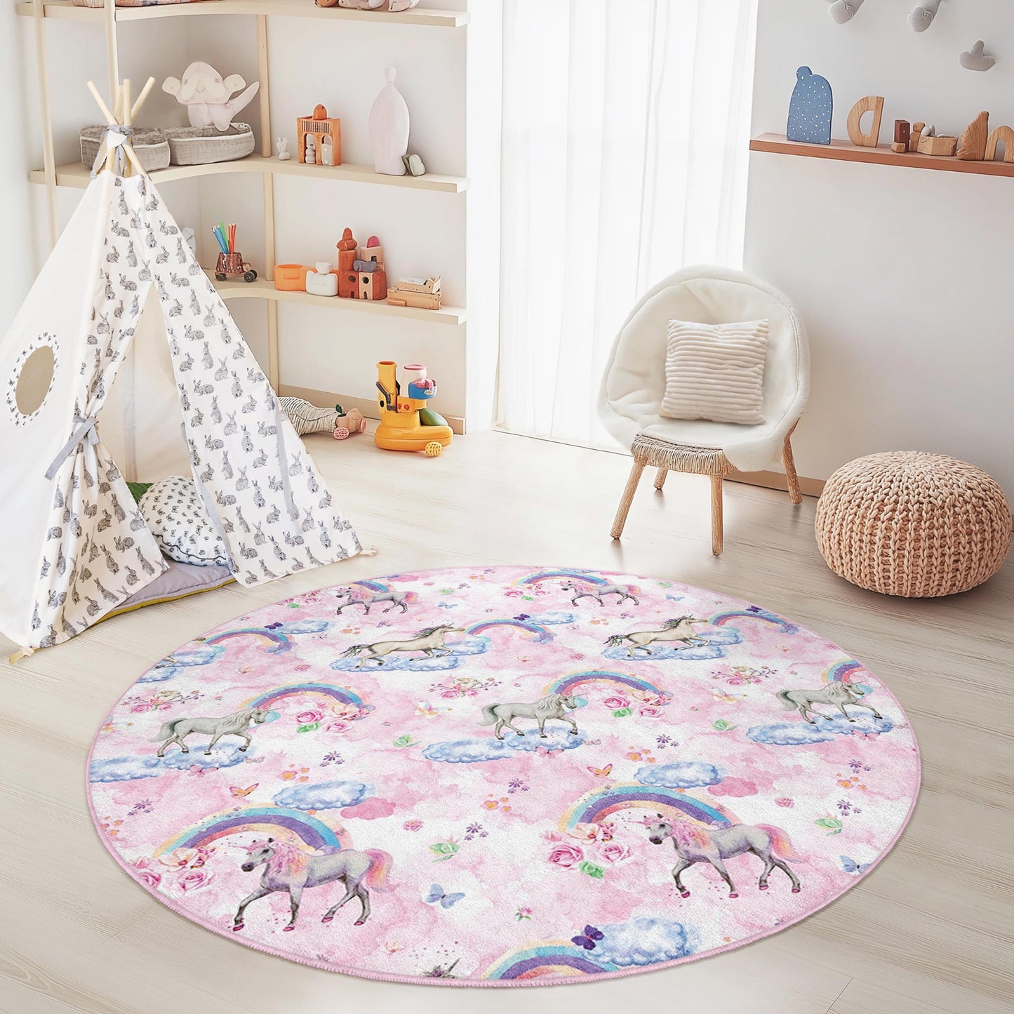 Whimsical Unicorn Round Kids Rug, Rainbow Cloud Play Mat, Soft Nursery Decor, Playroom Carpet, Kids Bedroom Rug, Fantasy Theme Rug