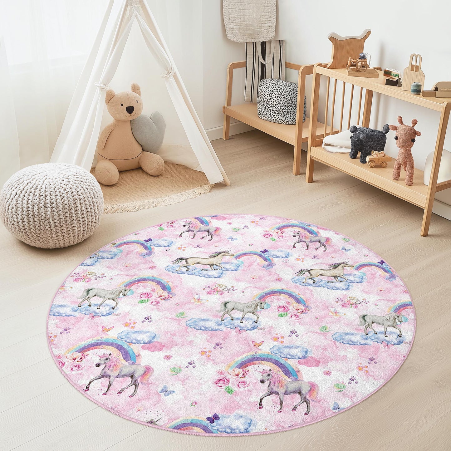 Whimsical Unicorn Round Kids Rug, Rainbow Cloud Play Mat, Soft Nursery Decor, Playroom Carpet, Kids Bedroom Rug, Fantasy Theme Rug
