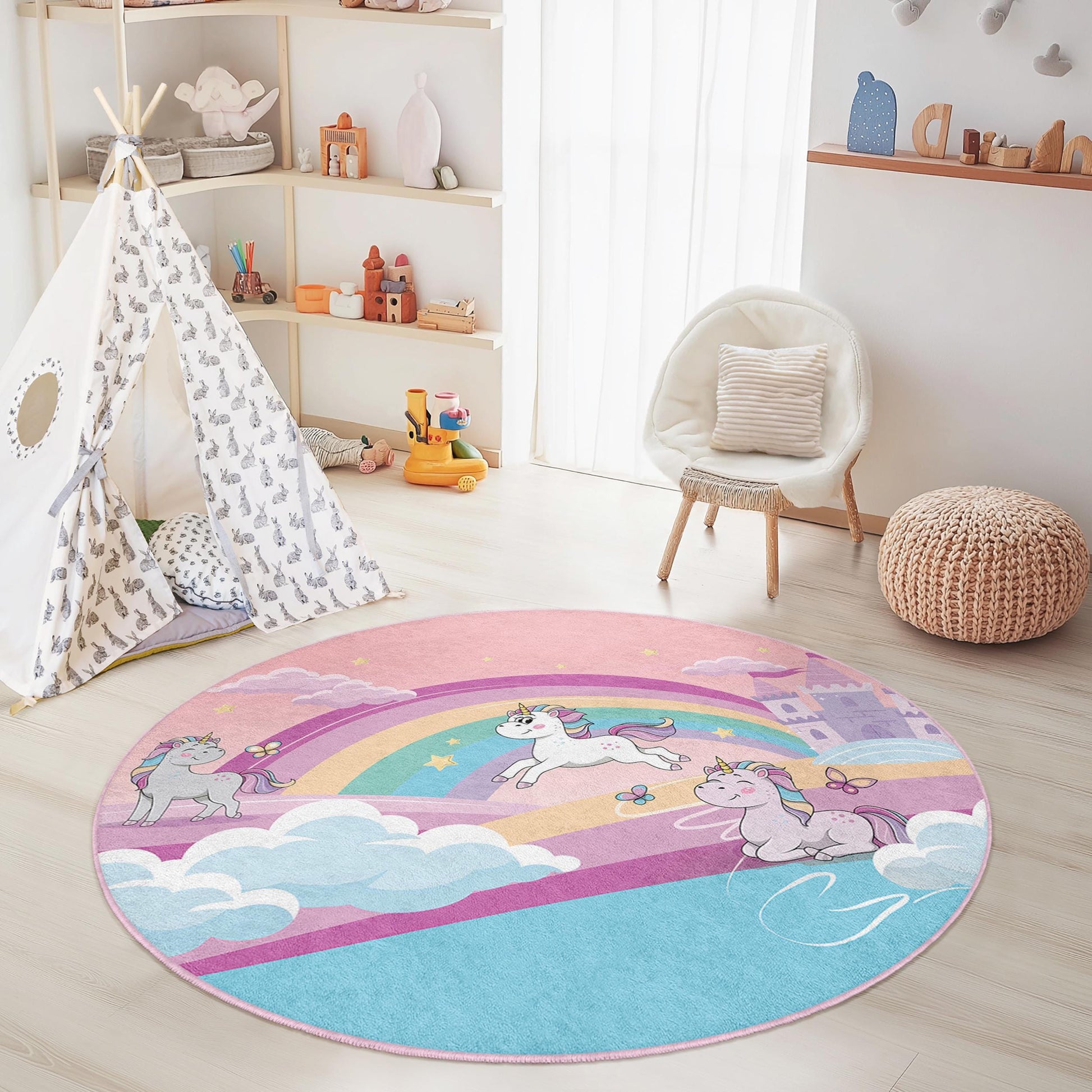Unicorn Rainbow Round Kids Play Rug, Magical Unicorn Carpet, Playroom Decor, Soft Round Rug for Girls Room, Nursery Rug