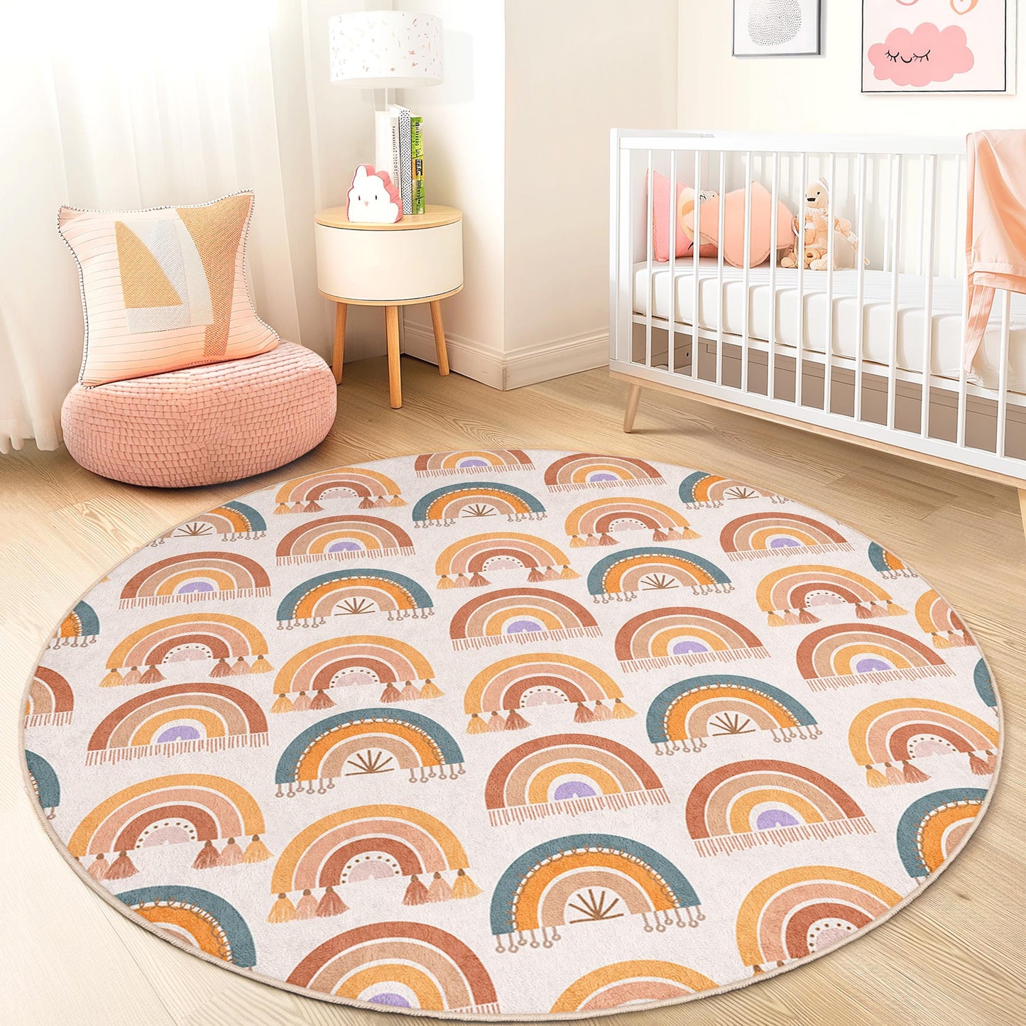 Rainbow Design Round Kids Rug, Colorful Rainbow Play Mat, Soft Nursery Rug, Kids Room Decor, Playroom Carpet, Educational Play Rug