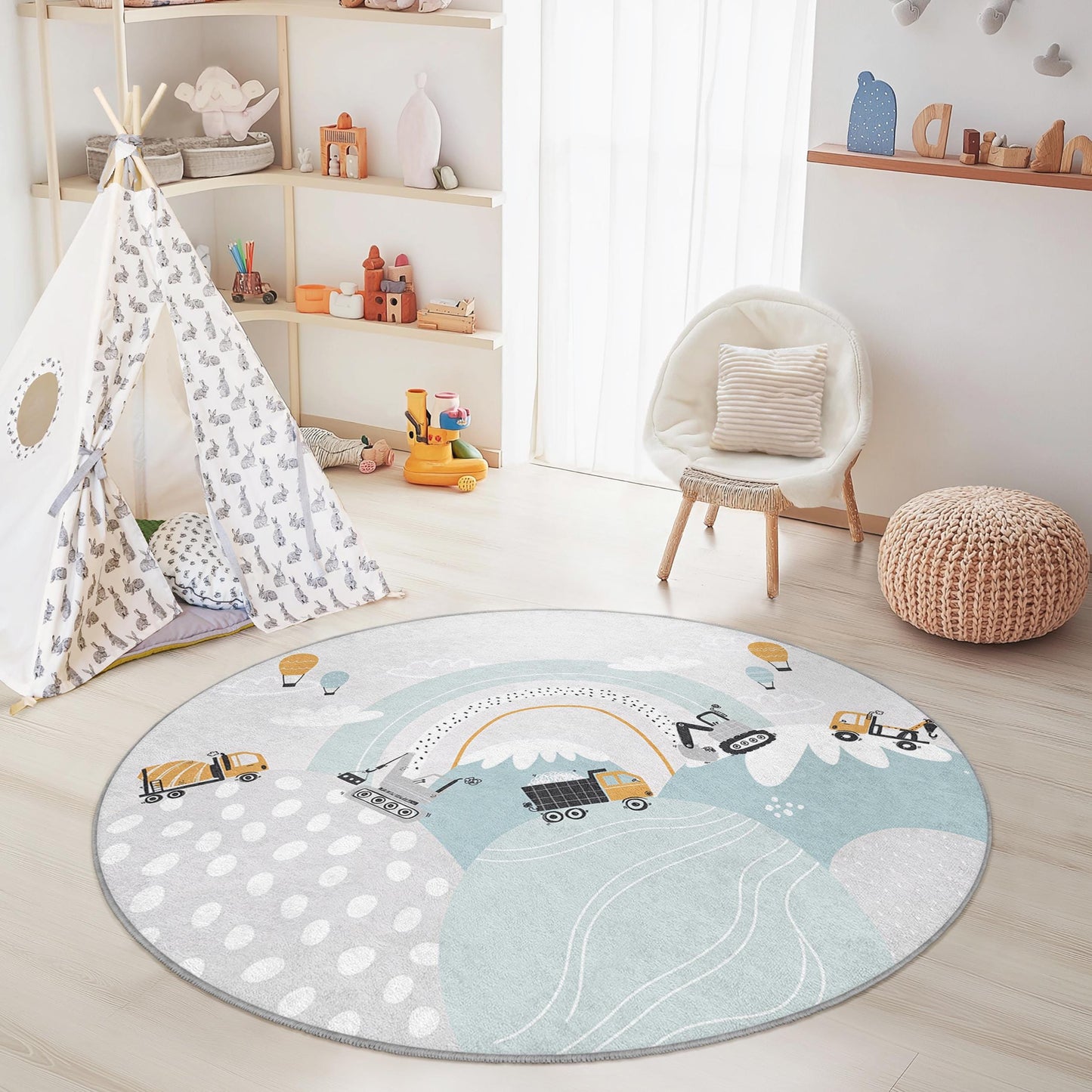 Construction Theme Round Kids Play Rug, Colorful Trucks and Hot Air Balloons, Nursery Decor, Play Area Rug, Kids Room Carpet