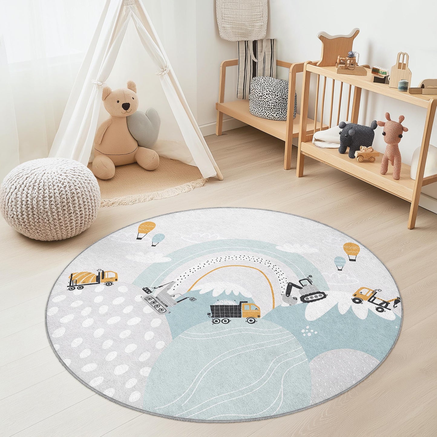 Construction Theme Round Kids Play Rug, Colorful Trucks and Hot Air Balloons, Nursery Decor, Play Area Rug, Kids Room Carpet