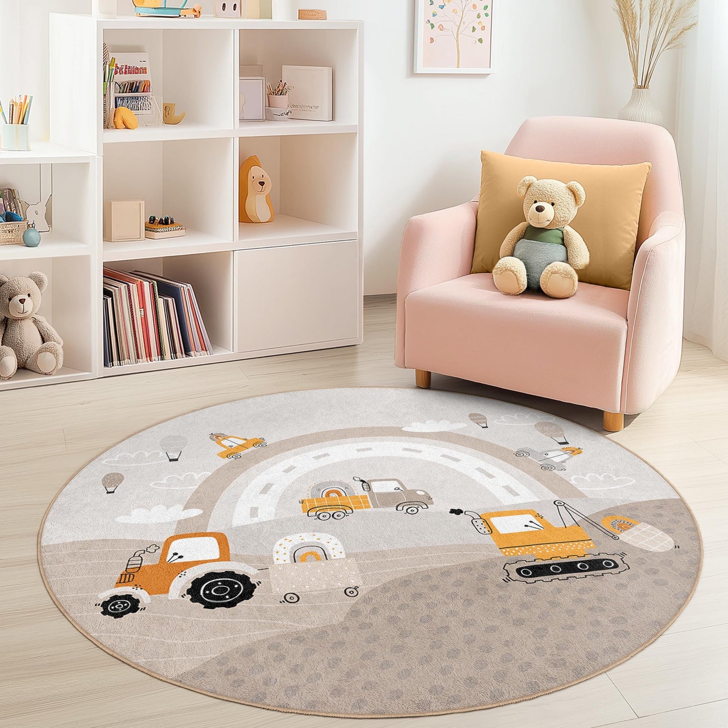 Construction Vehicles Round Kids Play Rug, Cute Trucks and Machines Design, Nursery Decor, Playroom Carpet, Soft Children's Rug