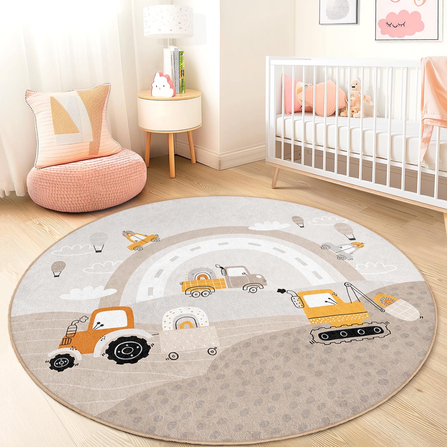Construction Vehicles Round Kids Play Rug, Cute Trucks and Machines Design, Nursery Decor, Playroom Carpet, Soft Children's Rug