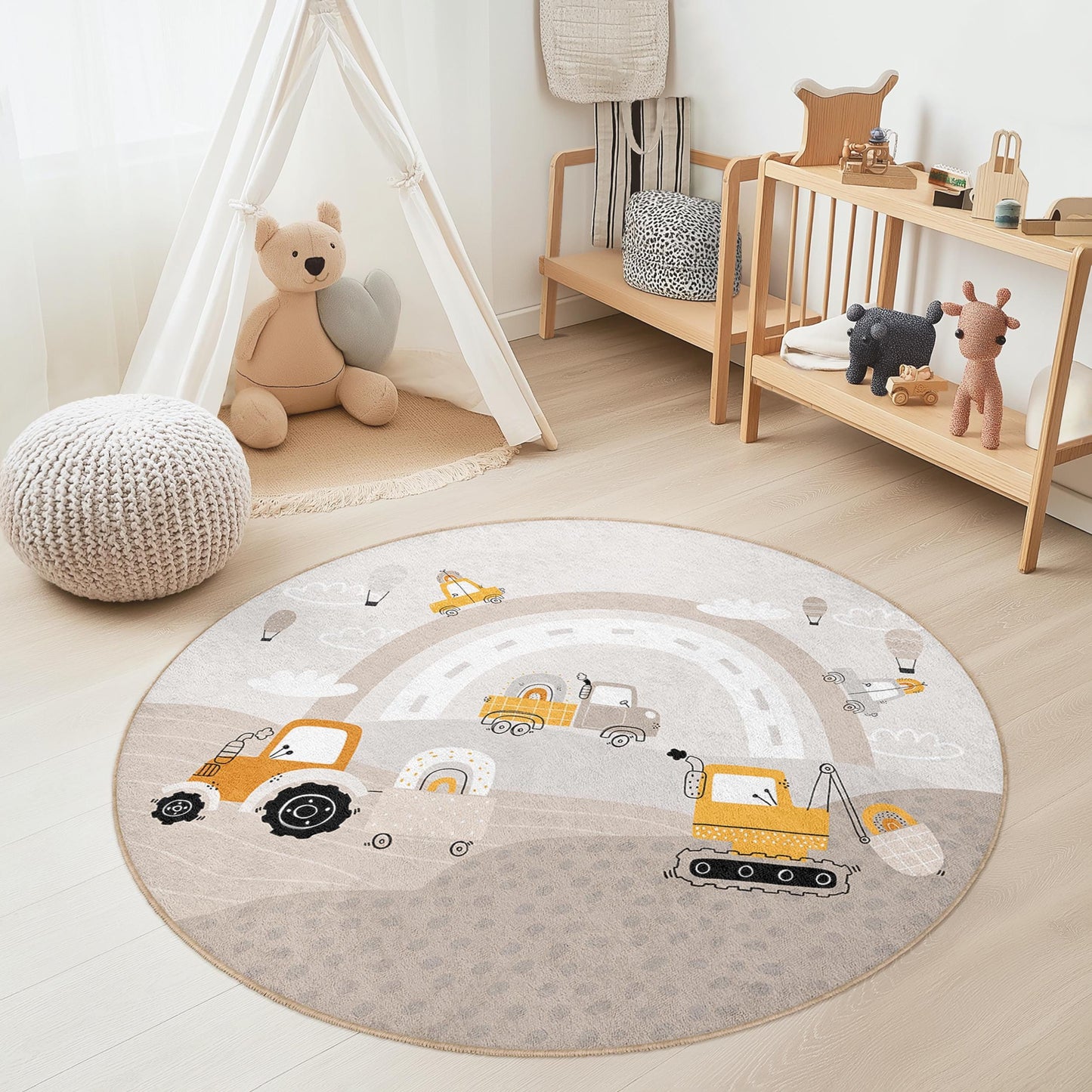Construction Vehicles Round Kids Play Rug, Cute Trucks and Machines Design, Nursery Decor, Playroom Carpet, Soft Children's Rug
