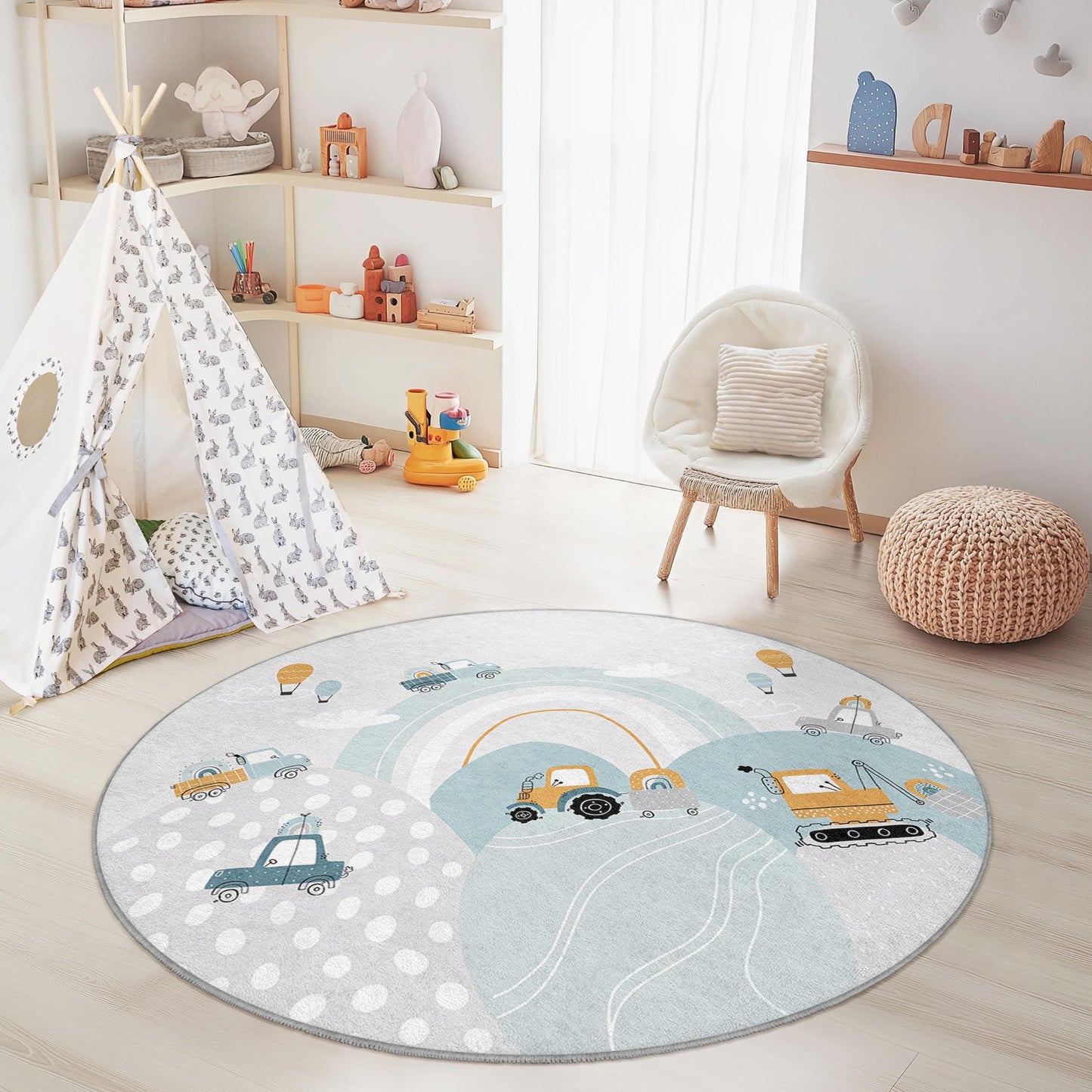 Whimsical Construction Vehicles Round Kids Rug, Playful Kids Room Carpet, Nursery Decor, Soft Play Mat for Toddlers