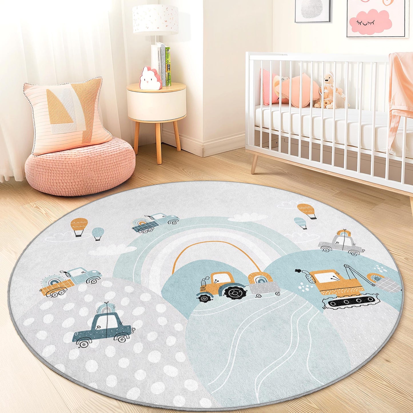 Whimsical Construction Vehicles Round Kids Rug, Playful Kids Room Carpet, Nursery Decor, Soft Play Mat for Toddlers