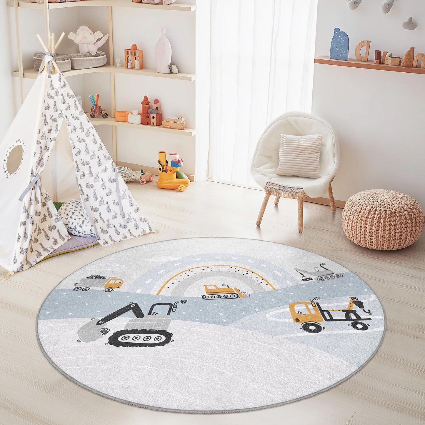 Construction Vehicles Round Kids Play Rug, Kids Room Decor, Soft Play Mat, Truck Themed Rug, Nursery Carpet, Baby Room Essentials