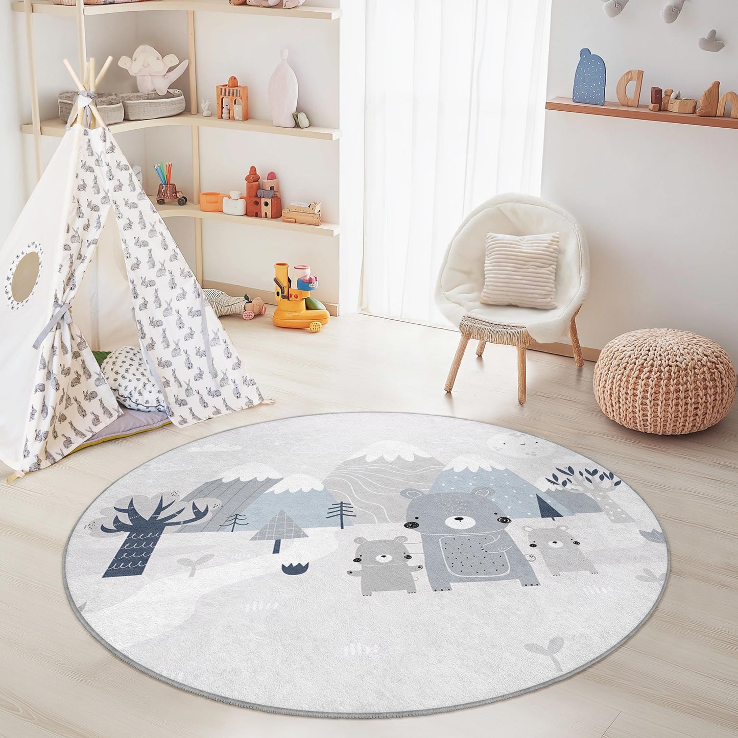 Cute Bear Family Round Kids Rug, Adorable Animal Kids Carpet, Playroom Decor, Nursery Rug, Soft Play Mat, Woodland Themed Rug