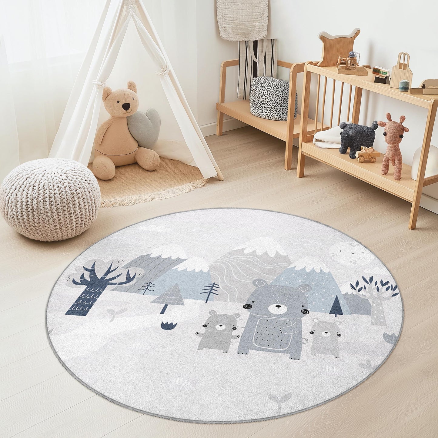 Cute Bear Family Round Kids Rug, Adorable Animal Kids Carpet, Playroom Decor, Nursery Rug, Soft Play Mat, Woodland Themed Rug