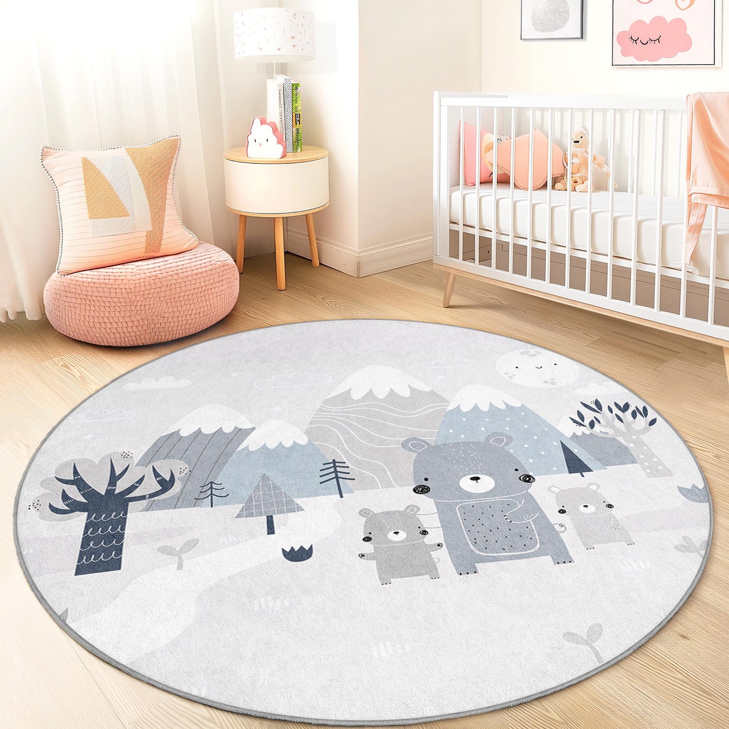 Cute Bear Family Round Kids Rug, Adorable Animal Kids Carpet, Playroom Decor, Nursery Rug, Soft Play Mat, Woodland Themed Rug