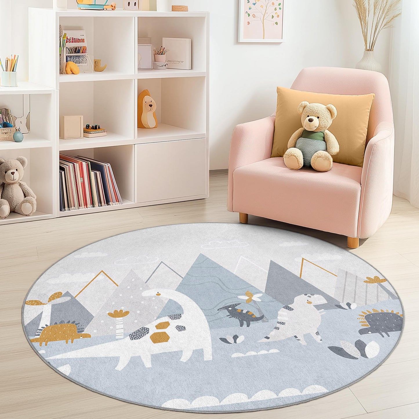 Adventurous Dinosaur Round Kids Rug, Playful Dino Rug for Nursery, Soft Play Mat for Childrens Room, Creative Kids Decor