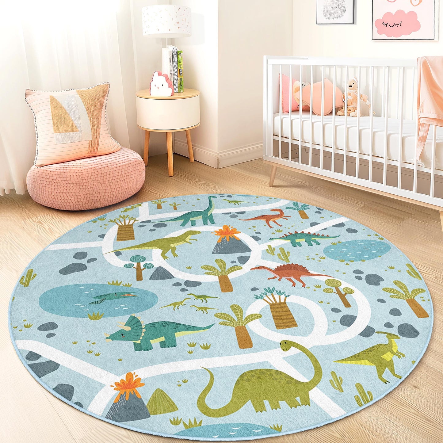 Dinosaur Adventure Round Play Mat, Kids Room Rug, Interactive Dino Area Rug, Soft Play Mat for Playroom, Nursery Decor