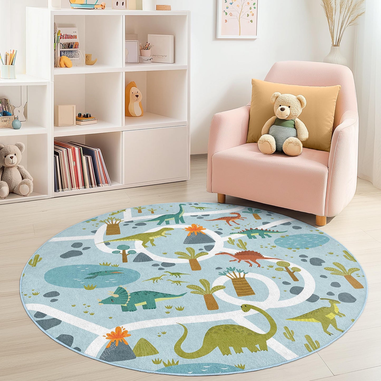 Dinosaur Adventure Round Play Mat, Kids Room Rug, Interactive Dino Area Rug, Soft Play Mat for Playroom, Nursery Decor