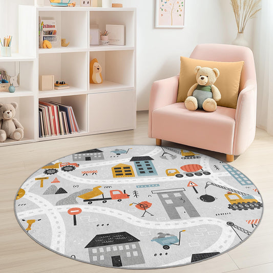 Construction Zone Round Kids Play Rug, Colorful Road Map Rug, Interactive Play Mat for Kids Room, Nursery Decor, Soft Carpet