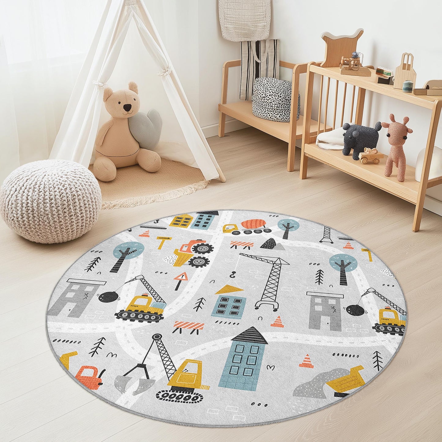 Construction Site Round Kids Play Rug, Kids Room Carpet, Soft Play Mat for Toddlers, Nursery Decor, Interactive Learning Rug