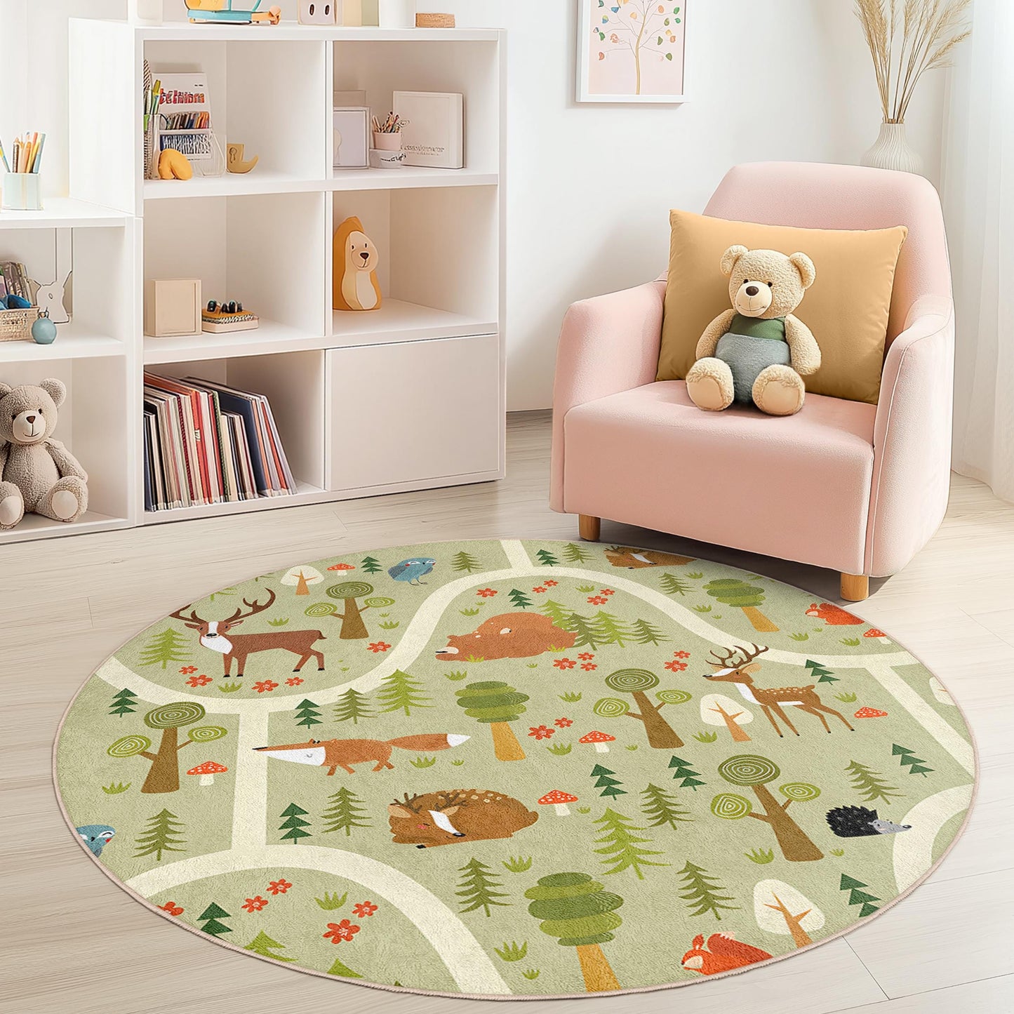 Forest Adventure Round Kids Rug, Woodland Animals Play Mat, Round Carpet for Kids Room, Nursery Decor, Nature Themed Rug