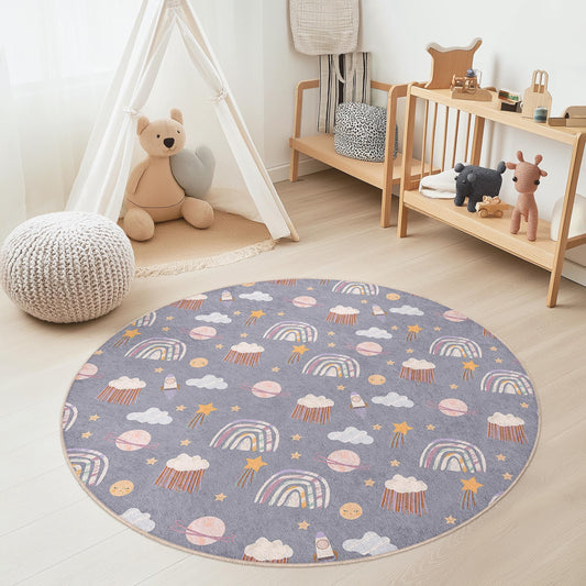 Colorful Rainbow and Clouds Round Kids Rug, Playroom Decor, Soft Circle Carpet, Nursery Area Rug, Kids Room Accessories