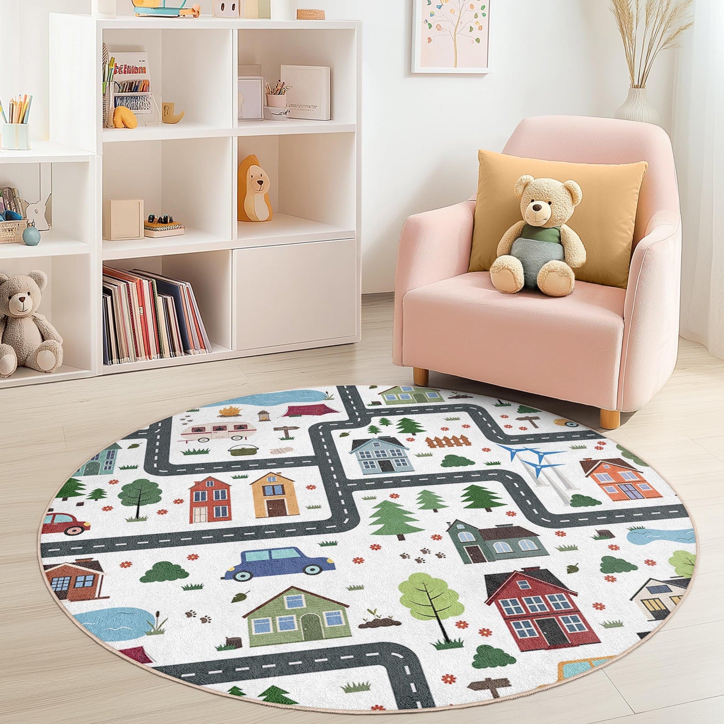 Playful Round City Map Kids Rug, Interactive Play Mat for Children's Room, Soft Carpet for Playroom, Nursery Decor, Cozy Home Accessories
