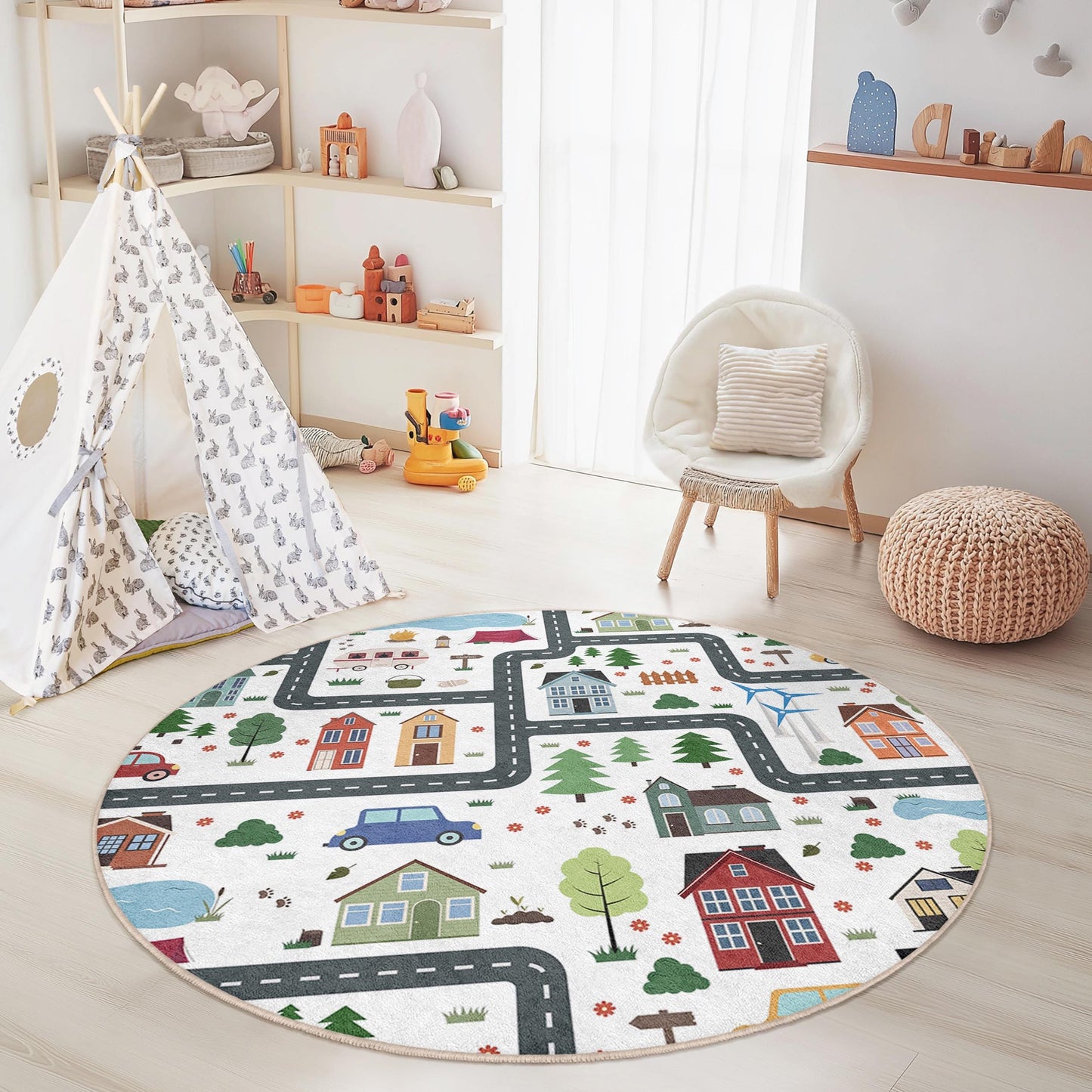 Playful Round City Map Kids Rug, Interactive Play Mat for Children's Room, Soft Carpet for Playroom, Nursery Decor, Cozy Home Accessories