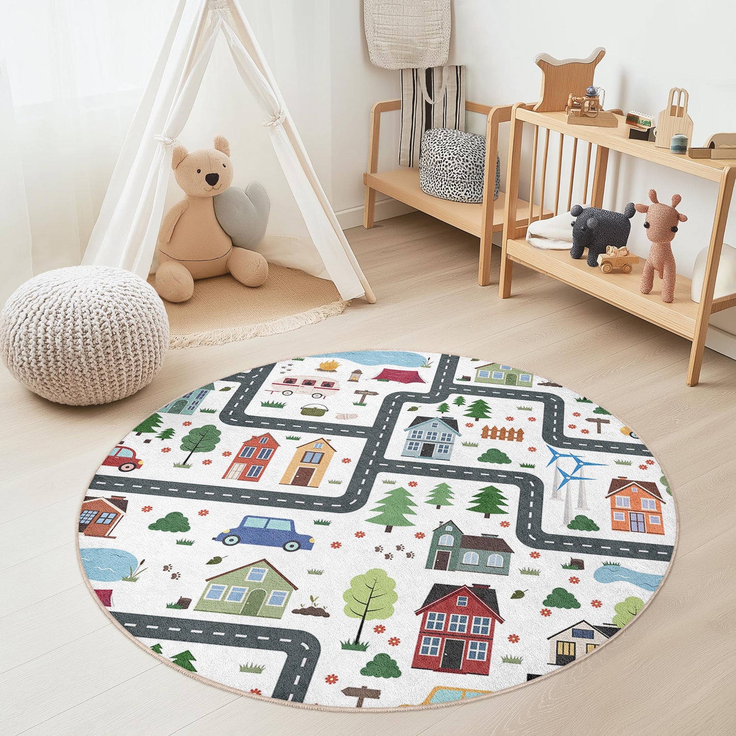 Playful Round City Map Kids Rug, Interactive Play Mat for Children's Room, Soft Carpet for Playroom, Nursery Decor, Cozy Home Accessories