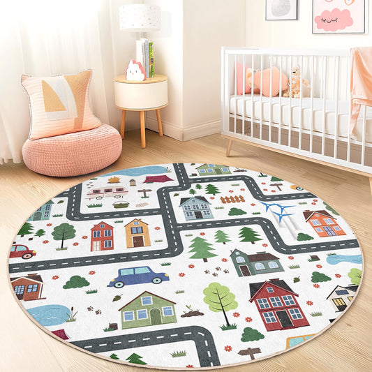 Playful Round City Map Kids Rug, Interactive Play Mat for Children's Room, Soft Carpet for Playroom, Nursery Decor, Cozy Home Accessories