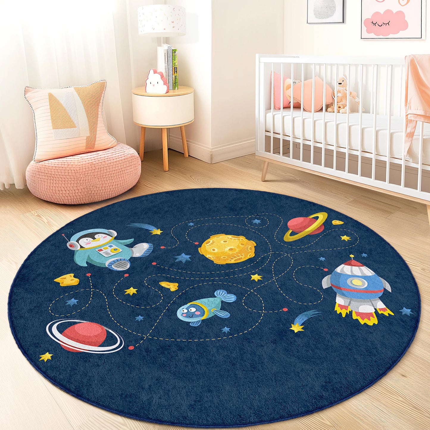 Space Adventure Round Kids Rug, Astronaut Theme Play Mat, Galaxy Decor for Kids Room, Fun Space Carpet, Nursery Play Area