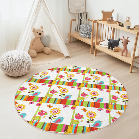 Colorful Owl and Flower Round Kids Rug, Soft Play Mat for Nursery, Playroom Decor, Interactive Round Carpet, Cute Kids Room Accent