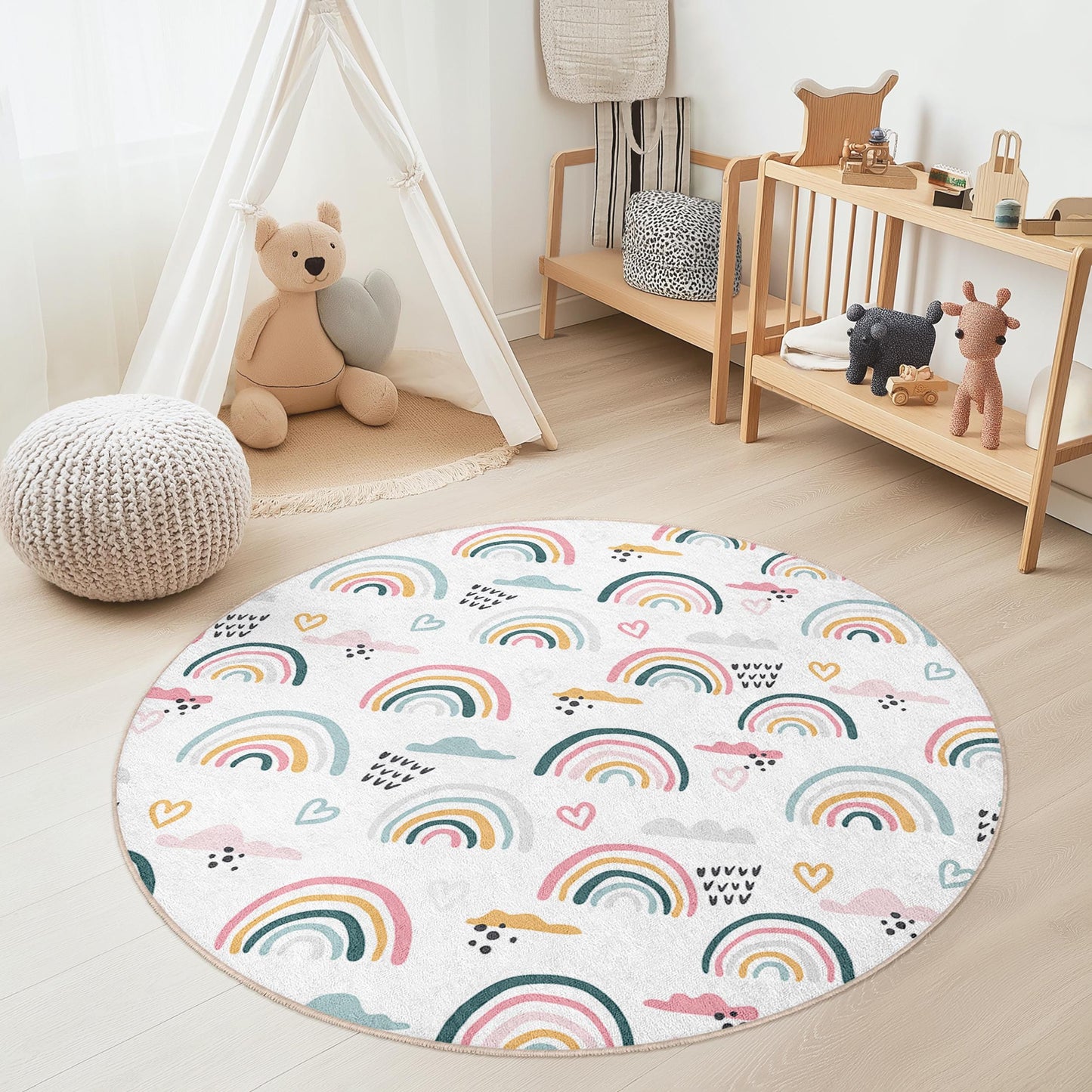 Rainbow Kids Play Rug: Soft Nursery Carpet, Cloud Theme