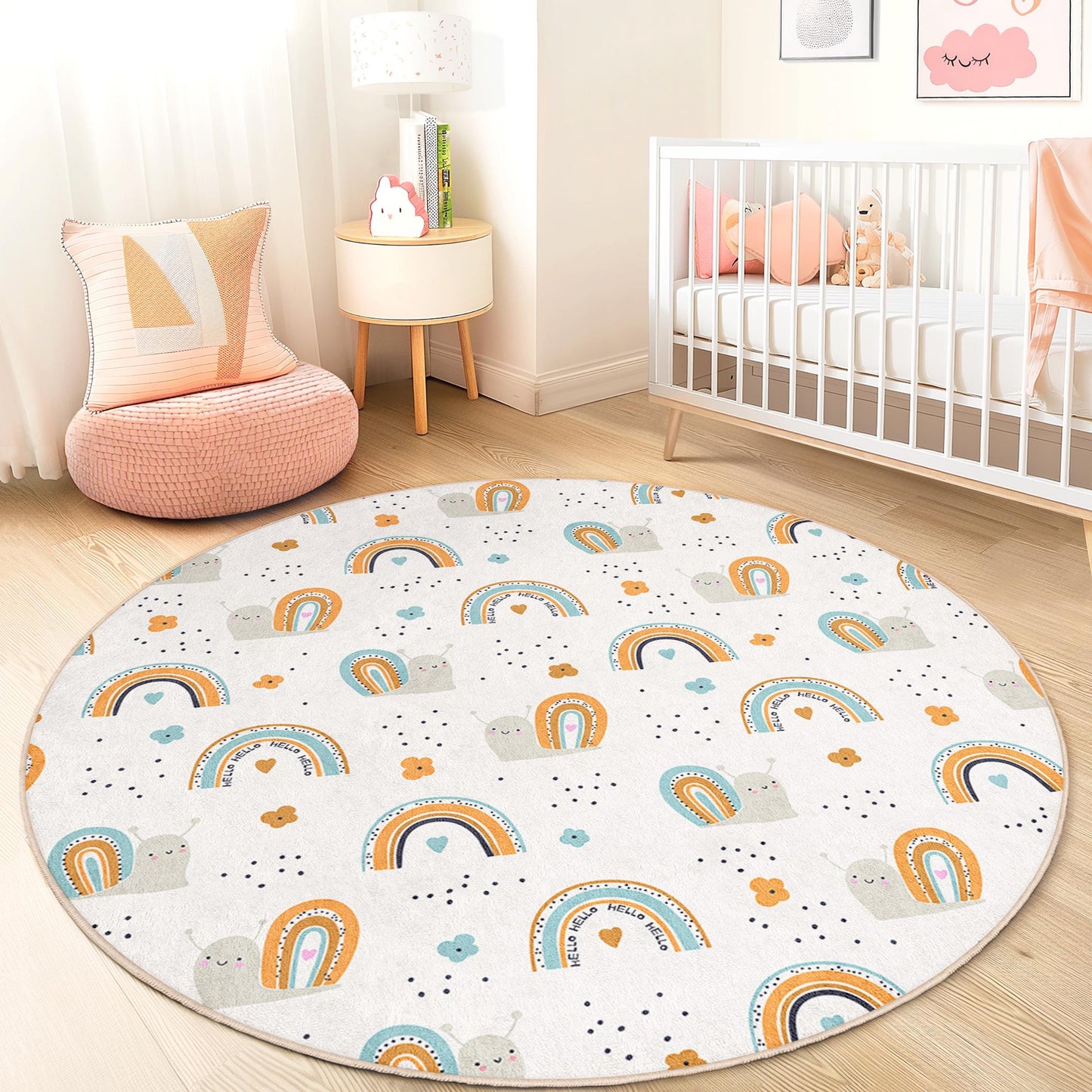 Cute Snail and Rainbow Round Kids Rug, Playful Nursery Carpet, Children's Room Decor, Soft Playroom Mat, Colorful Kids Rug