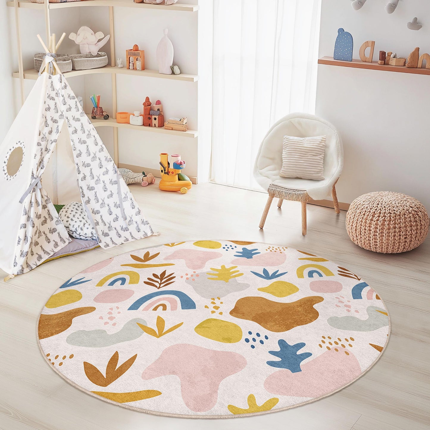 Whimsical Round Kids Area Rug, Colorful Abstract Playroom Rug, Soft Nursery Carpet, Fun Play Mat for Children's Rooms