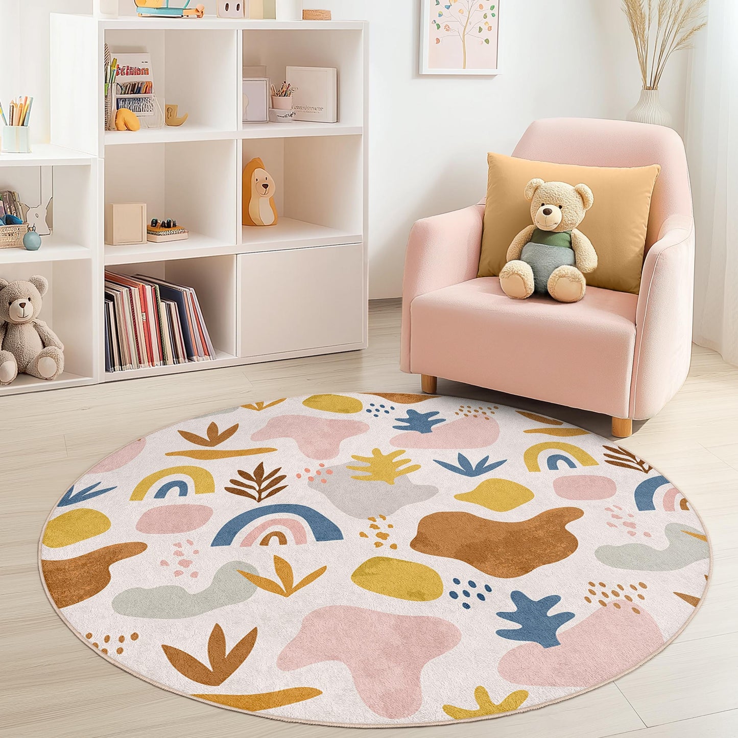 Whimsical Round Kids Area Rug, Colorful Abstract Playroom Rug, Soft Nursery Carpet, Fun Play Mat for Children's Rooms