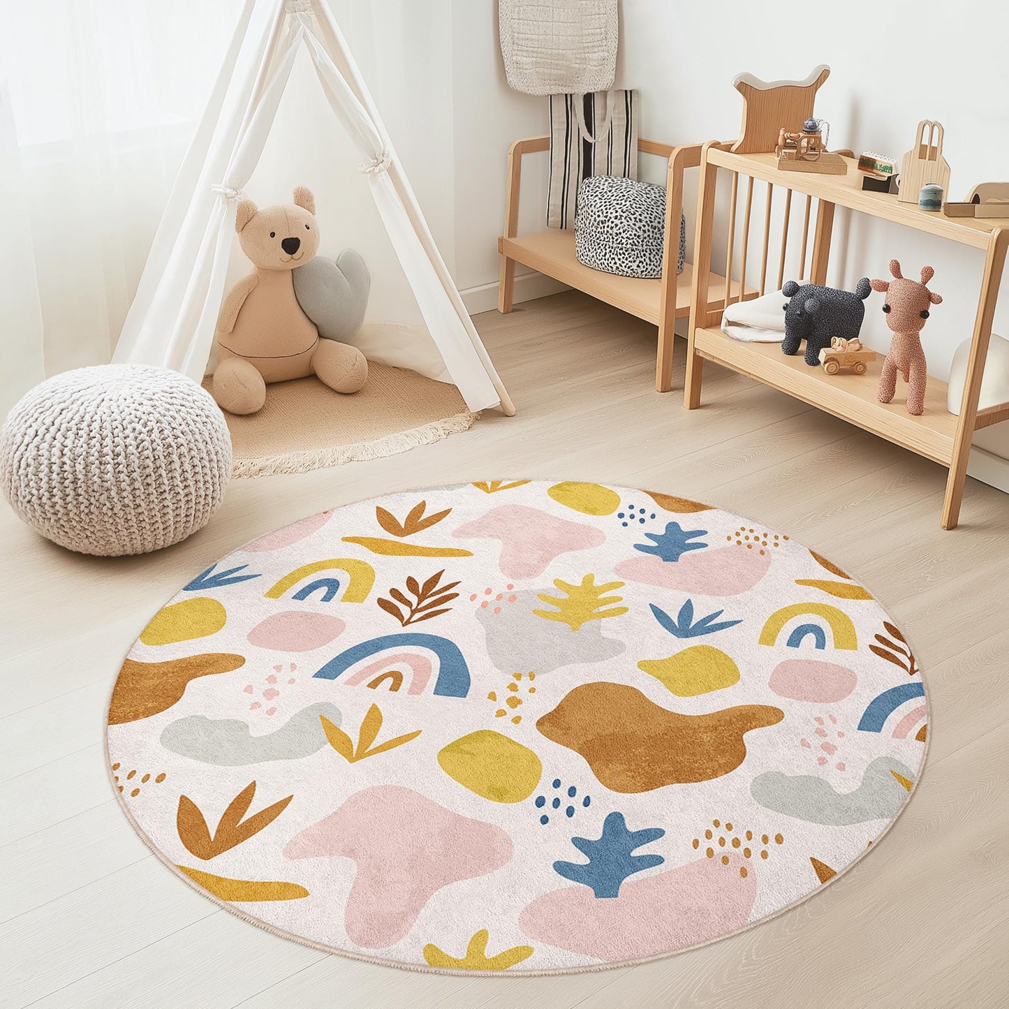 Whimsical Round Kids Area Rug, Colorful Abstract Playroom Rug, Soft Nursery Carpet, Fun Play Mat for Children's Rooms