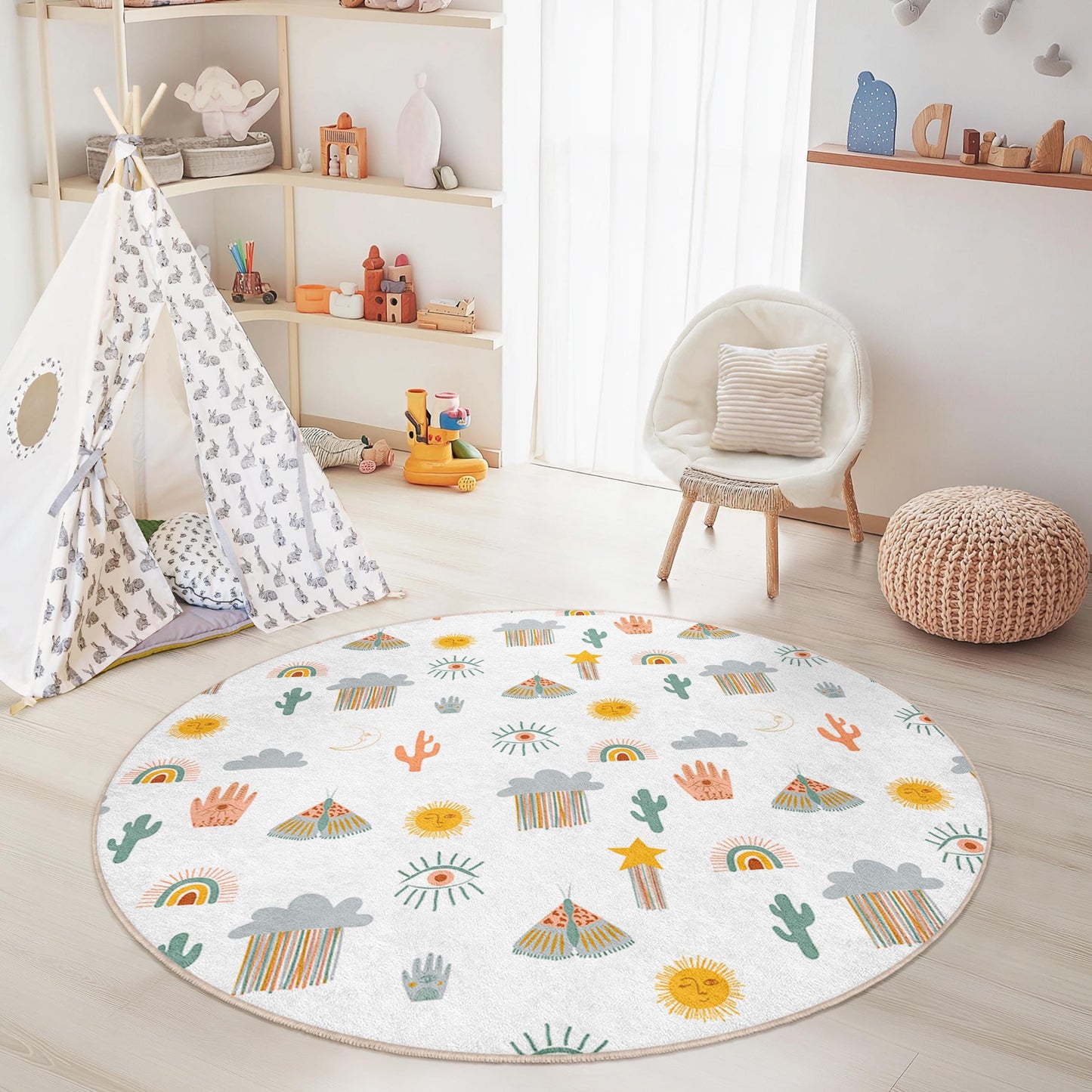 Colorful Desert Adventure Round Kids Rug, Fun Pattern Play Mat, Nursery Decor, Kids Room Carpet, Interactive Play Mat