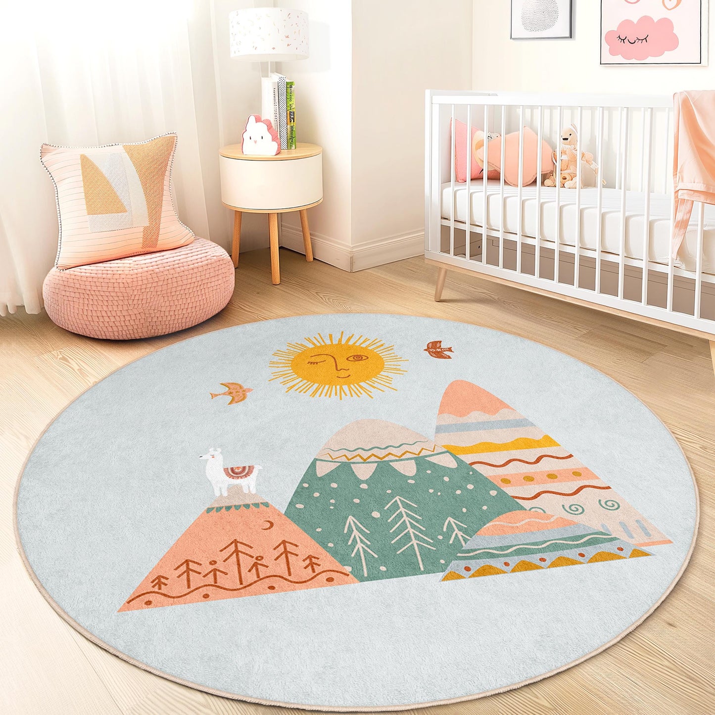 Whimsical Mountain Landscape Round Kids Rug, Soft Pastel Kids Room Carpet, Playful Nursery Decor, Cozy Round Area Rug