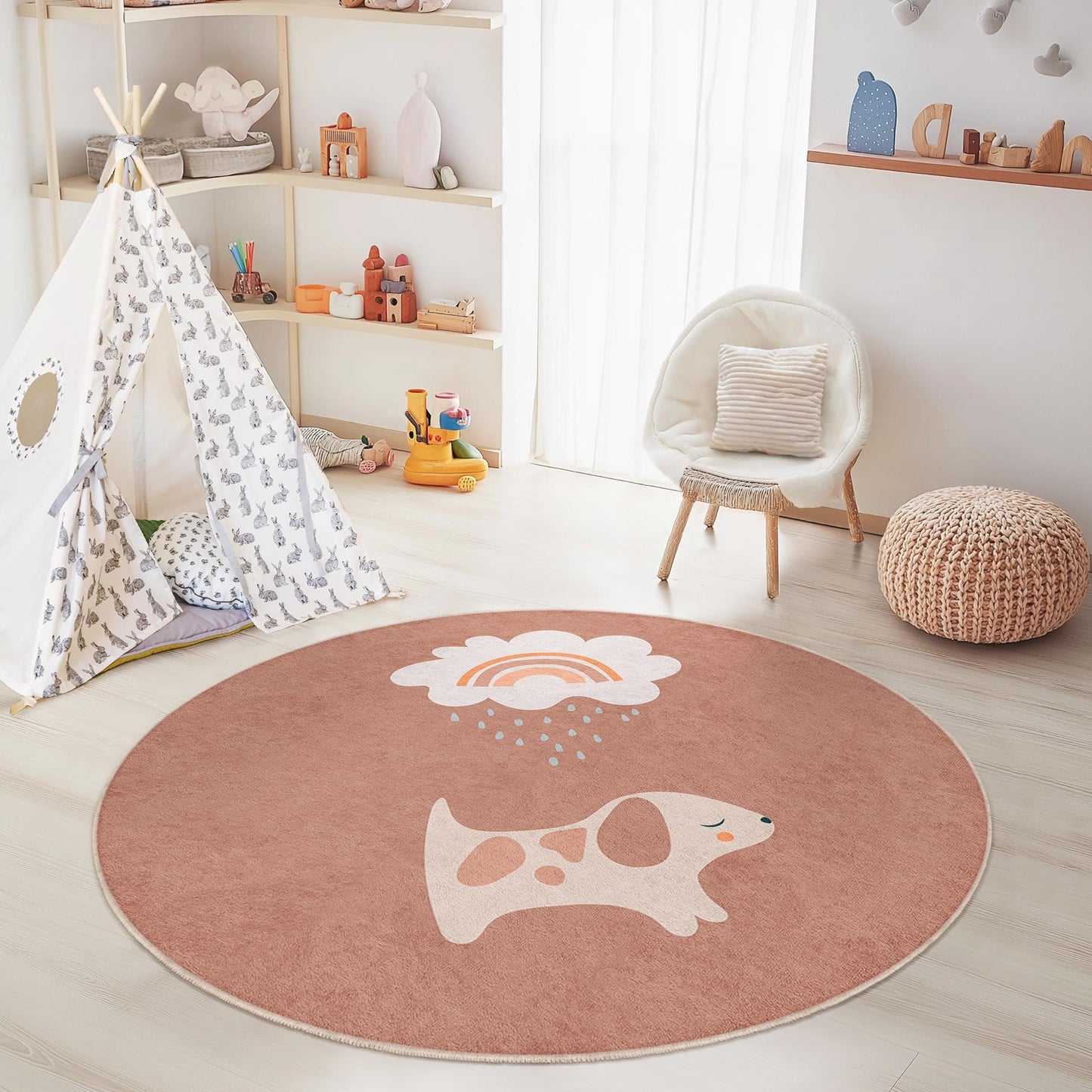 Cute Dog Rainbow Round Kids Rug, Nursery Decor, Playroom Mat, Soft Round Carpet for Children's Room, Adorable Pet Theme Rug