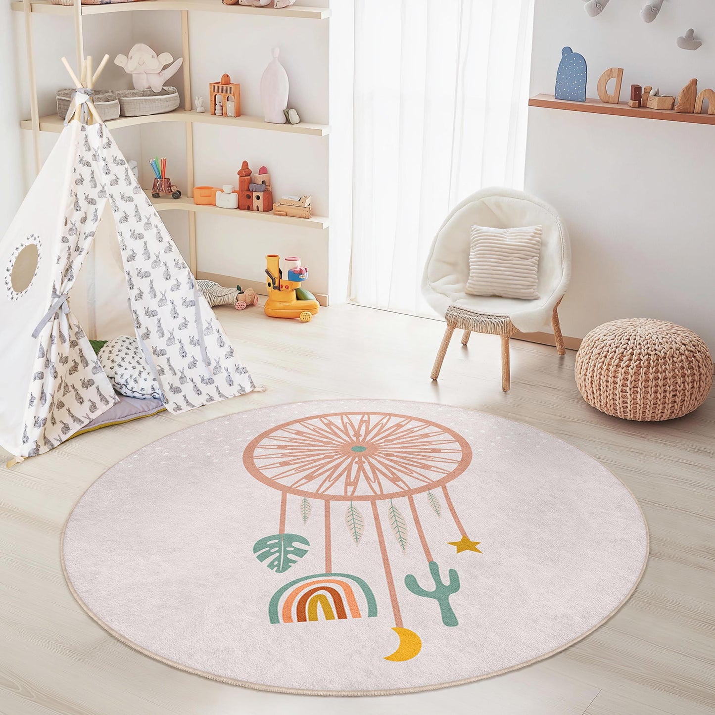Dreamcatcher Round Kids Rug, Boho Nursery Decor, Soft Round Carpet for Kids Room, Playroom Area Rug, Unique Kids Gift